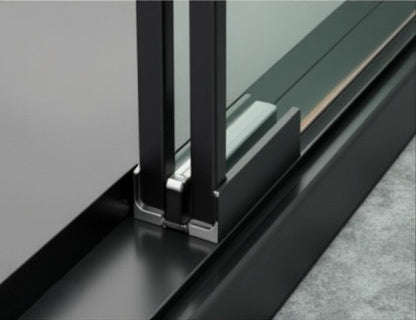 Double-door sliding shower enclosure with fixed tempered glass panels