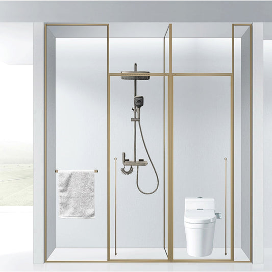 Modern Brushed Gold Narrow Thin Frame clear Tempered Glass Swing Shower Room Door with Towel bar & Pull Handle ST-9012